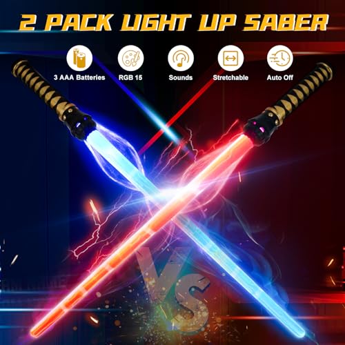 VATOS 2PCS Lichtschwert für Kinder Erwachsene,15 Farben Changeable Lichtschwert mit Soundeffekten, 2-in-1 Einziehbares LED Lichtschwert Spielzeug für Halloween Cosplay Christmas Parteien