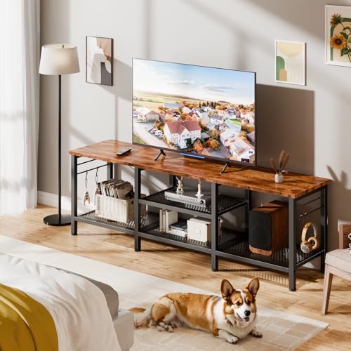 Image of Furologee 55 Inch TV Stand, Entertainment Center with Shelves, Rustic Brown | Media Console Table, Open Storage Shelves, 4 Hooks, for 60 /65 Inch TVs, TV Stands for Living Room, Bedroom