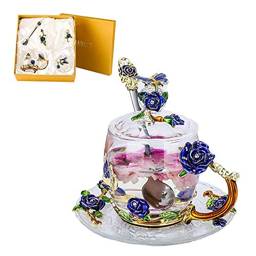 Lustrique Blue Rosaria Tea Cup SetShort Tea Cup  Spoon  Cover Lid  Saucer