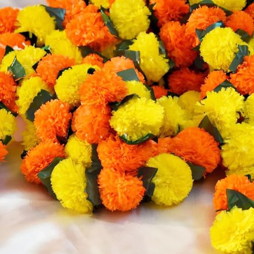 Image of Bindian Artificial Marigold Flower Toran 2.5 Ft Yellow Orange with Leaf & Bells | Decorative Bandanwar for Diwali, Pooja, Wedding, Festival, Home Entrance & Wall Decoration (Pack of 5)