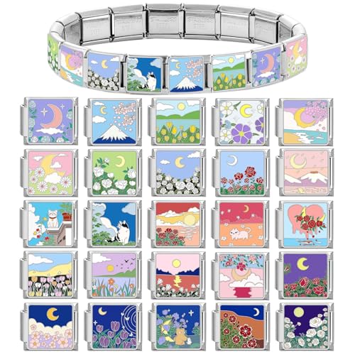 papasgix Italian Charm Bracelet Charms Pack Links Bulk with Opening Tool 9mm Italian Charms 10 Flowers Italian Modular Bracelet Links Handmade DIY Jewelry Moon Sun2