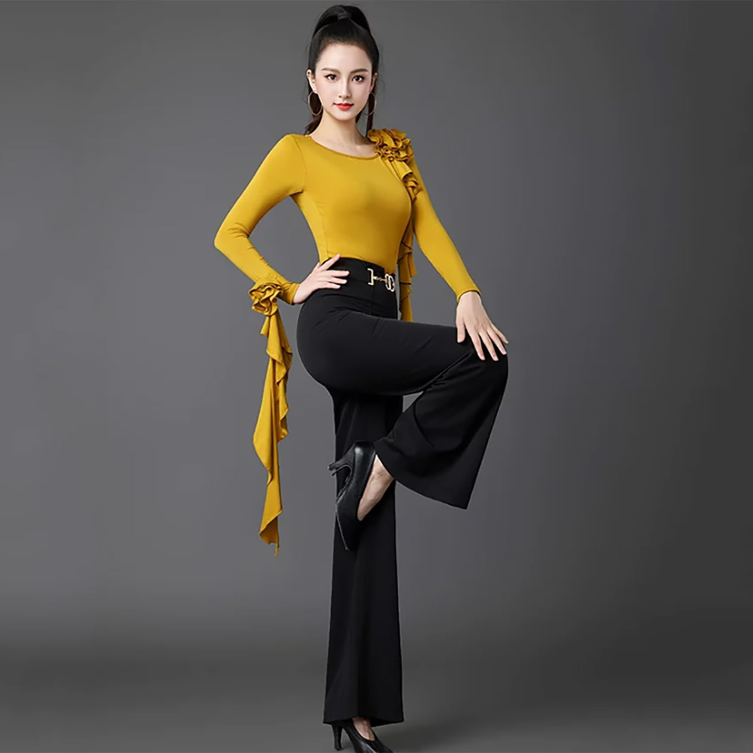 Body De Manga Larga para Baile De Salón Adulto Top De Cuello Redondo para Vals Y Tango Ropa De Baile Estándar Internacional para Mujer Suave Y Liso