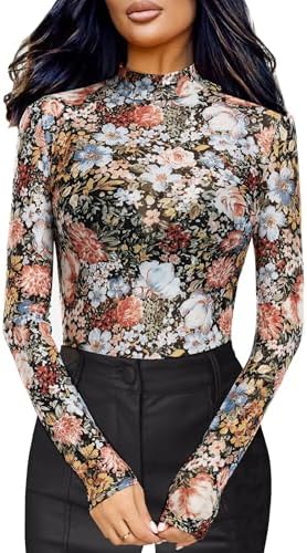 BemorRun Floral Mesh Long Sleeve Tops for Women Mock Neck See Through Fitted Sexy Going Out Top(Multi Floral,XXL)