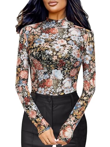 BemorRun Floral Mesh Long Sleeve Tops for Women...