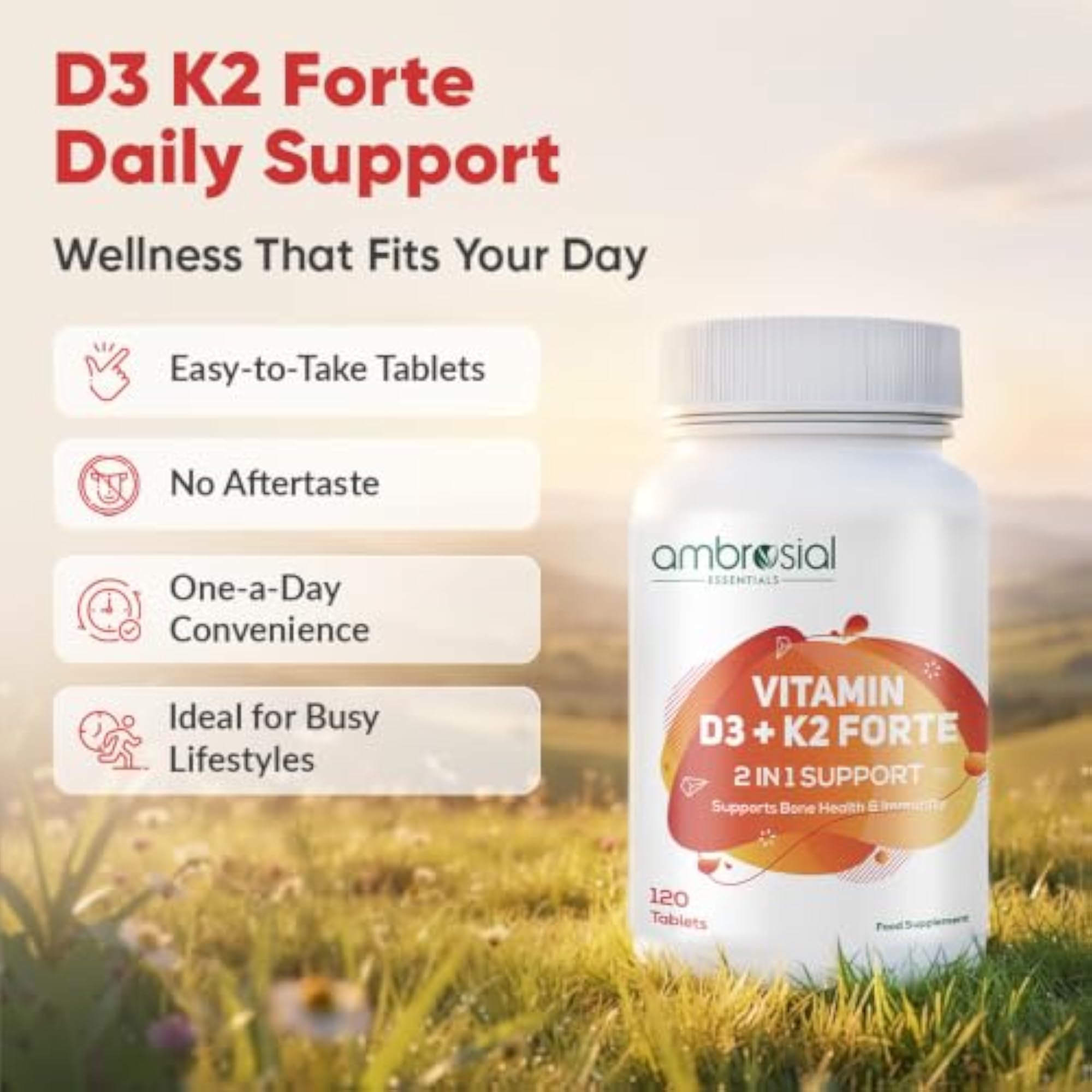 Vitamin D3 K2 Forte, 120 Tablets for Bone & Immune Health
