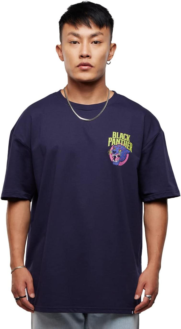 The Souled StoreOfficial Black Panther: Wakanda Forever Mens and Boys Oversized fit Graphic Half Sleeve Cotton Blue Color Oversized T-Shirts