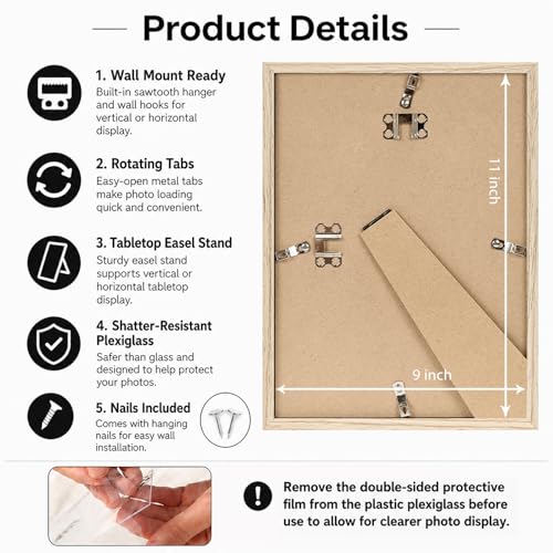 Image of JCJMY 9x11 Picture Frame for Wall Hanging or Tabletop, Wall Mounting Horizontally or Vertically, 9 x 11 Wall Gallery Poster Photo Frame with Shatter Resistant Plexiglass, Natural