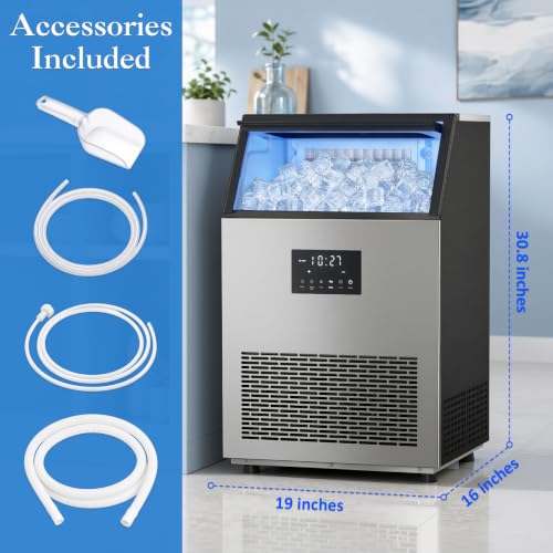 Image of Ice Maker Machine Commercial 150Lbs /24H - Freestanding Ice Maker Under Counter Ice Machine Stainless Steel, 55 Ice Cubes /Cycle, 2 Ways Water Inlet, Large Storage Bin for Bar Home Office Restaurant