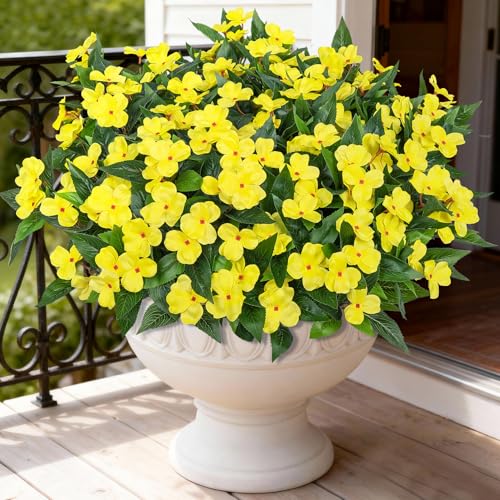 Image of Bassion 6 Bundles Artificial Flowers for Outdoors Fake Impatiens, Yellow | UV resistant, silk flowers, no fade realistic faux plants, outside patio garden porch planters window box balcony home decor