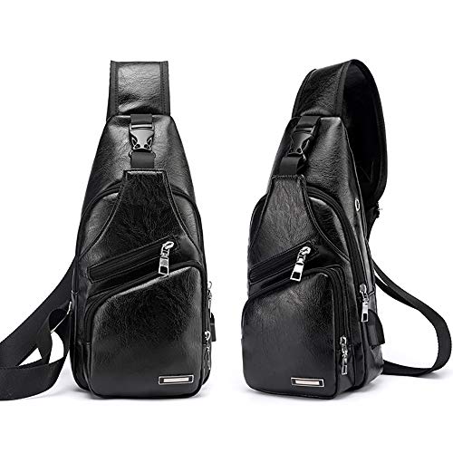 Peicees Leather Sling Bag Mens Crossbody Chest Bag Sling Backpack with USB Charge Port by Peicees - Image 7
