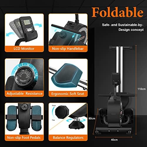 Rowing Machine - Foldable Rowing Machine with LCD Monitor, Enhance 16 Level Magnetic Resistance for Full-body workout, Space Saving Design Magnetic Rowing Machine for Home Gym, Upgrade Flywheel