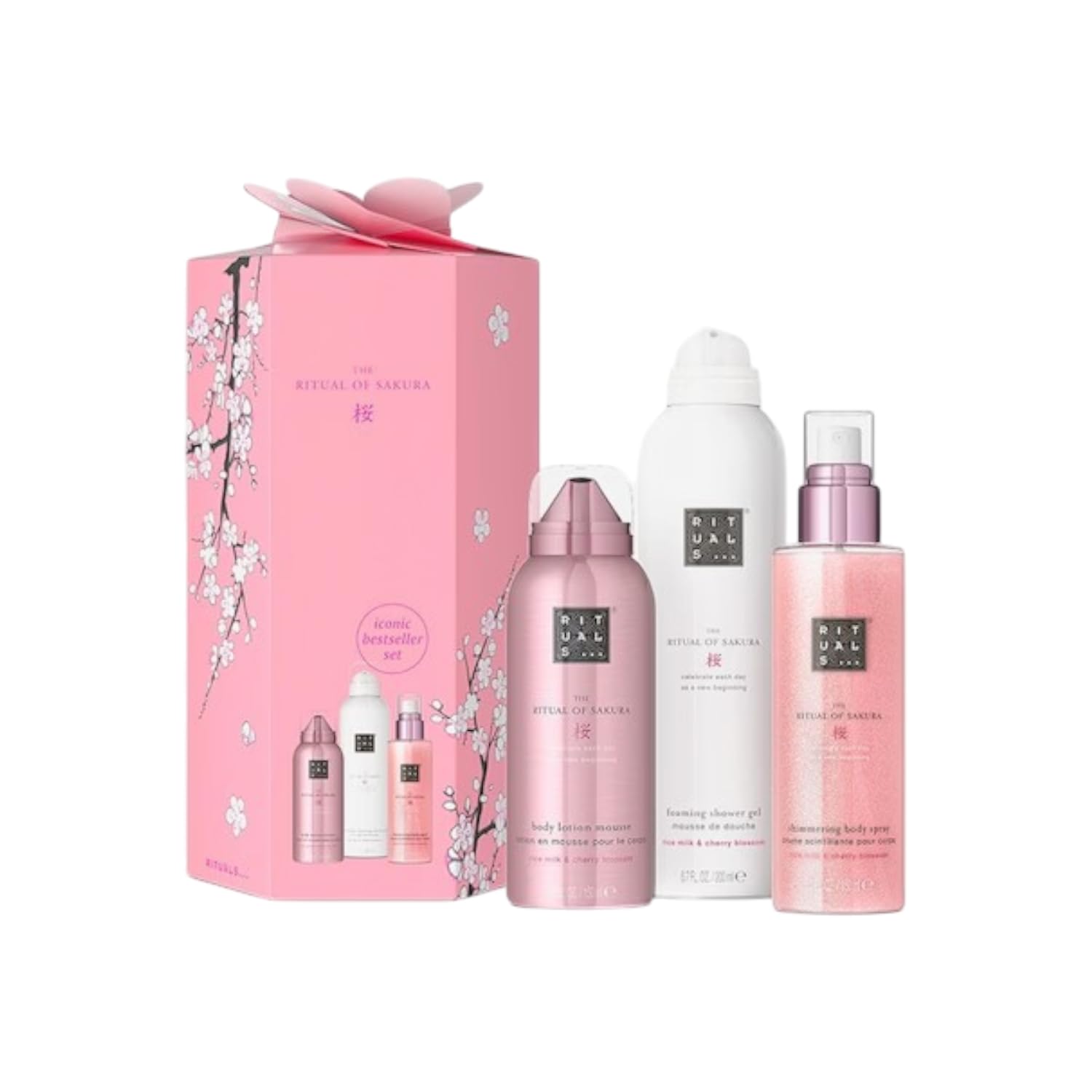 Rituals The Ritual of Sakura Bestseller Set, Duschschaum, Körper-Mousse & Körperspray, Kirschblüten-Reismilch-Duft, 3-tlg.