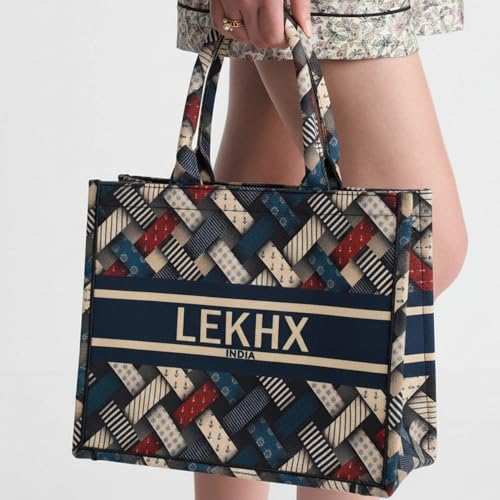 Image of LX LEKHX Designer Tote Bag for Women | Premium Laminated Jute Canvas Handbag with Geometric Print | Stylish Spacious Office, College, Travel & Laptop Bag (Fits 16 Inch)