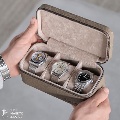 Luxury Leather Watch Travel Case for Men - Taupe Genuine Leather Roll - 3 Watch Carrying Case