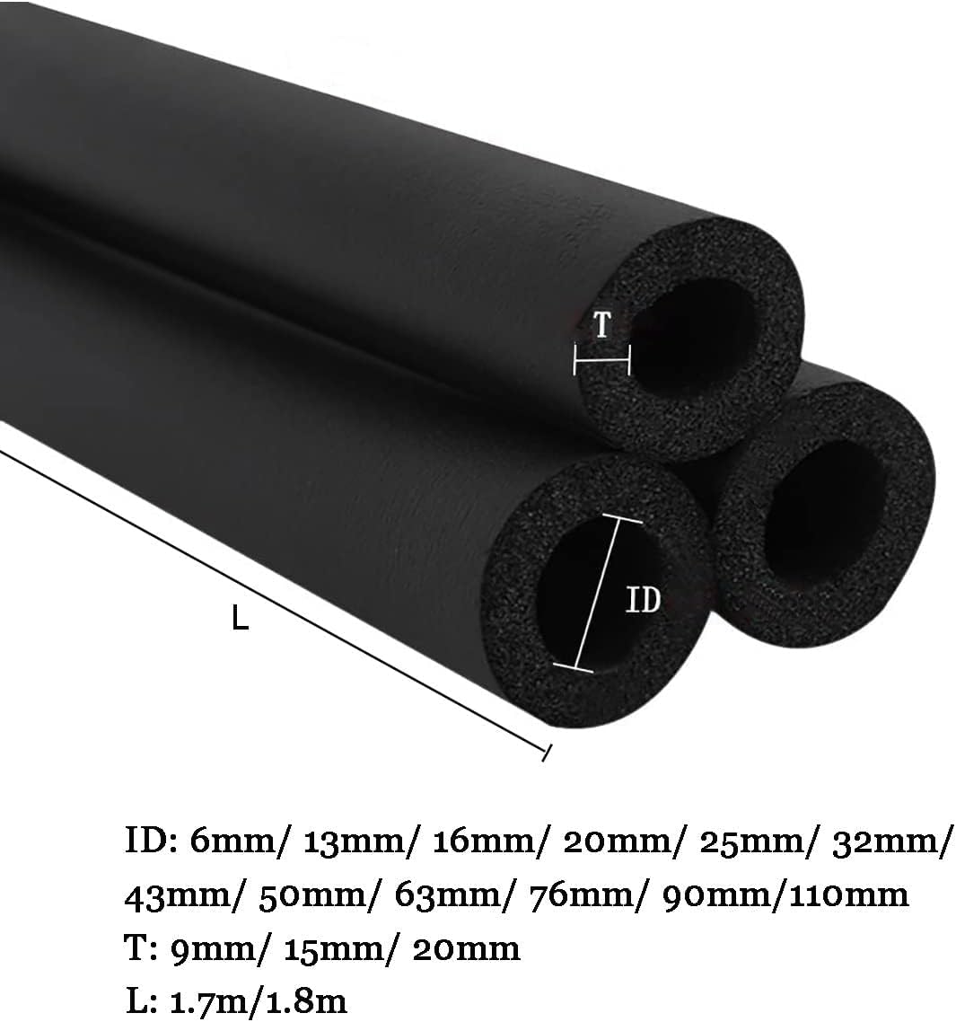 Piankowa izolacja rur, piankowa izolacja rur, Izolacja rur z pianki rurowej ID 32 mm 50 mm 76 mm 90 mm 110 mm, rury ochronne i zatrzymywanie ciepła, środek zapobiegający zamarzaniu (rozmiar: T 15 mm I
