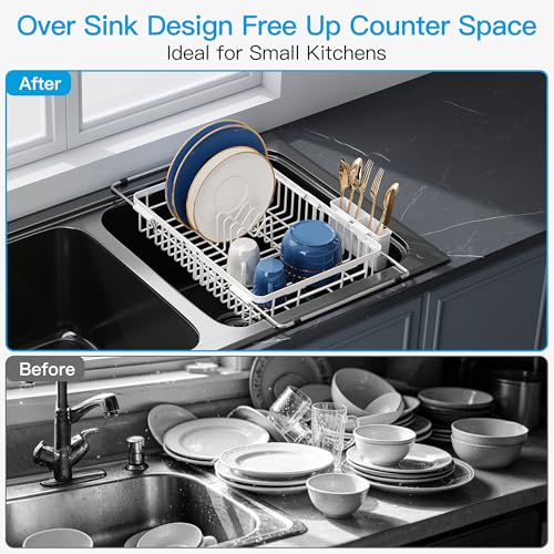 Image of JASIWAY White Dish Drying Rack Over the Sink with Utensil Holder