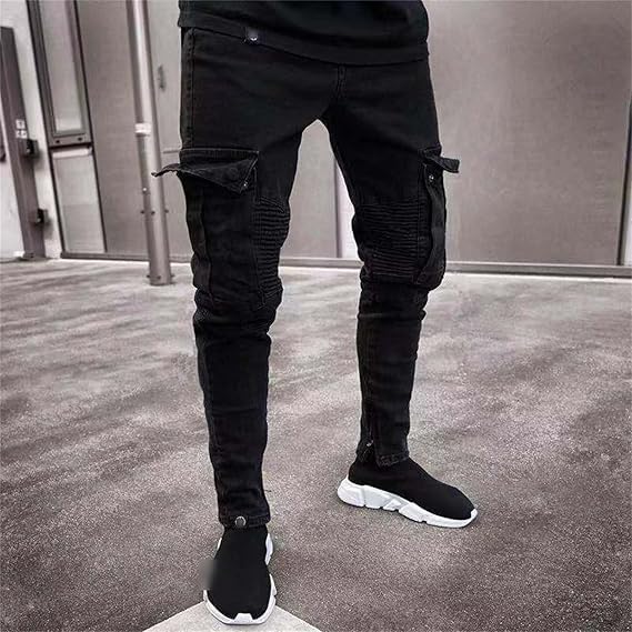 Men's Slim Fit Stretch Jeans Distressed Multi-Pockets Cargo Denim Pants Fashion Ripped Skinny Jeans for Men (Black-4,3X-Large)2