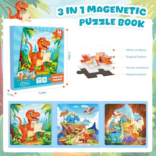 Image of Homicozy Magnetic Puzzles for Toddler Kids 3-8, Dinosaur Travel Toys | 36-Pieces Magnetic Puzzle for Kids Ages 3-5 4-6, Car Airplane Road Trip Activities, Quiet Screen-Free Game, Birthday Gifts