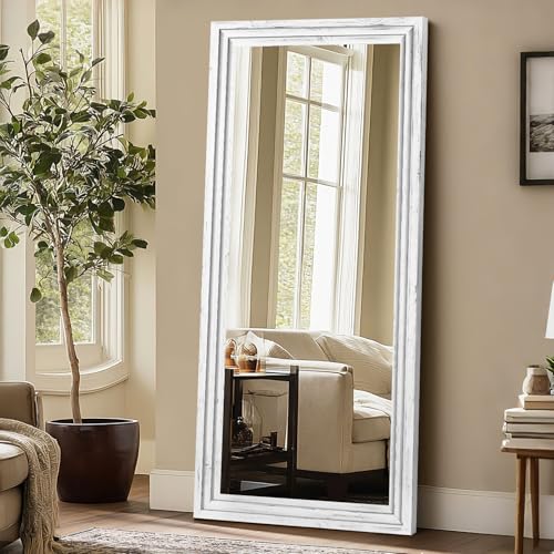 Full Length Wood Mirror 71x30 - Rustic Solid Wood Floor Mirror with Triple Layer Frame, HD Tempered Glass, Wall Mounted or Leaning Standing Mirror Vintage White Mirror for Bedroom Bathroom Living Room