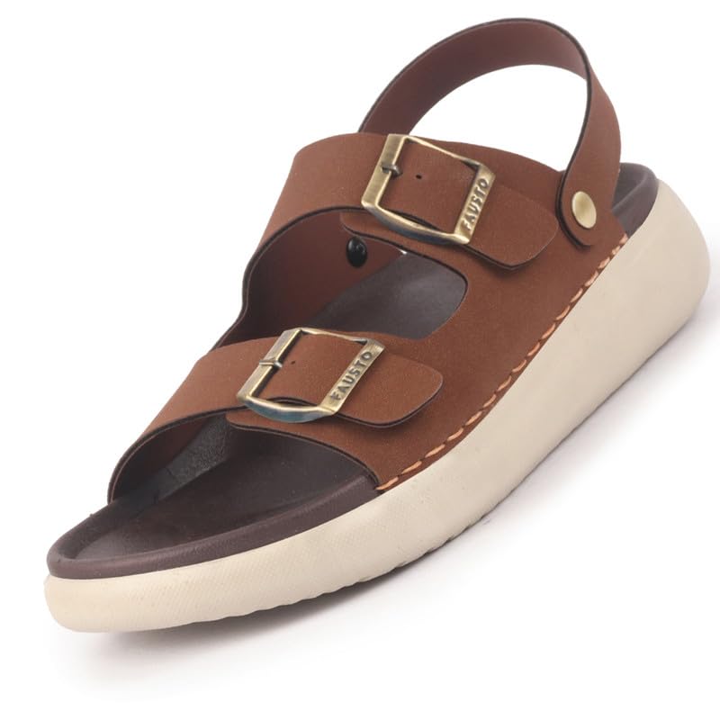 FAUSTO Men Open Toe Double Strap Stitched Waterproof Sandals with Back Support|Soft Cushioned Insole|Summer Slip-On Slipper|Perfect For Monsoon Rainy Season