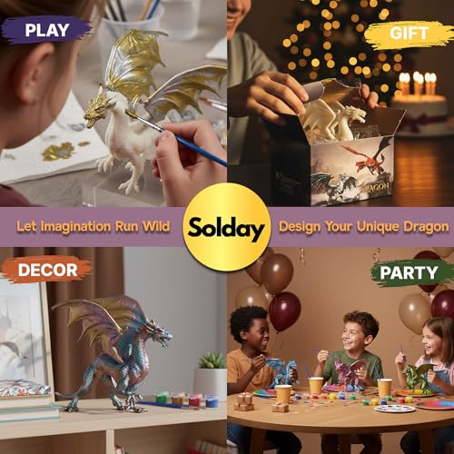 Image of SOLDAY Dragon Toys Painting Kits for Kids Arts and Crafts Ages 3 6 5 7 9 12 Boys Girls to Make Your Own Paintable Dragon Figurines Metal Color Party Supplies - 2 Dragons