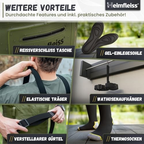 Heimfleiss® Wathose Herren Wasserdicht mit Stiefel (Gr. 43) | Unisex Nylon Anglerhose inkl. Zubehör | rutschfeste Fischerhose zum Angeln oder zur Teichreinigung | Wader Watthose Teichhose Angelhose