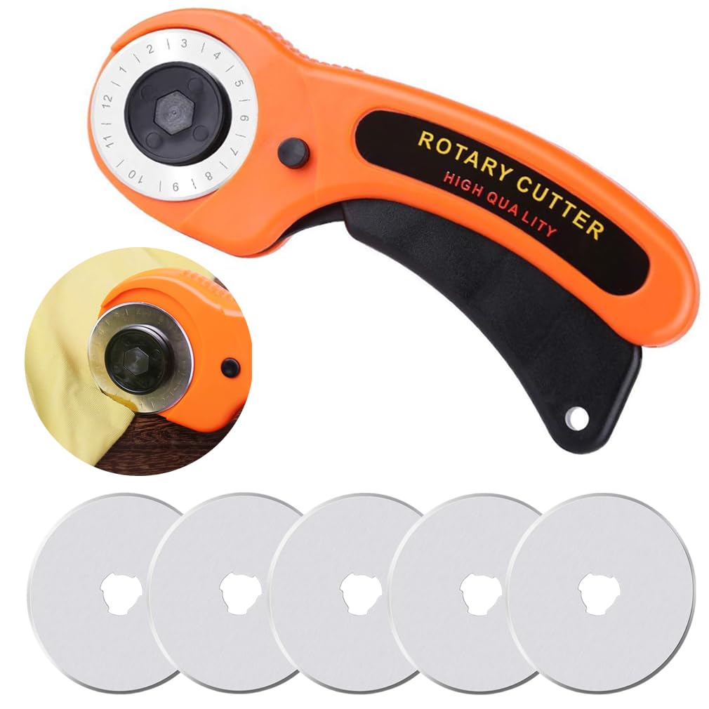 Goodern Rotary Cutter with 5Pcs Extra Blades,45mm Rotary Cutter for Fabric Rotary Fabric Cutter with Safety Lock Handle Rolling Cutter Paper Sewing Quilting Roller Fabric Cutting Tailor Scissors Tool