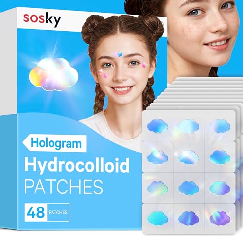 Image of Sosky Hologram Pimple Patches for Face, Hydrocolloid Acne Patches with Salicylic Acid, Cute Star Zit Stickers,Colorful Blemish Covers,48 Count Blue Cloud