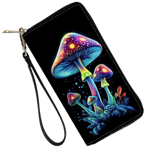 Image of RFID Blocking Leather Wallet for Women - Large Capacity Zip Around Clutch with 8 Card Slots,37 Cash Pockets & Coin Zipper,Mushroom