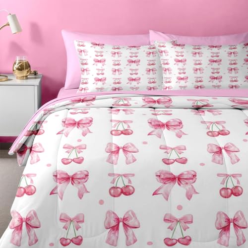 Image of Nesker Bow Comforter Set Queen Size, 7 Pieces Bed in a Bag, Pink Cherry Bow Bedding Set for Girls, Ribbon Bowknot Comforter Set with 2 Pillowcase & 2 Sham