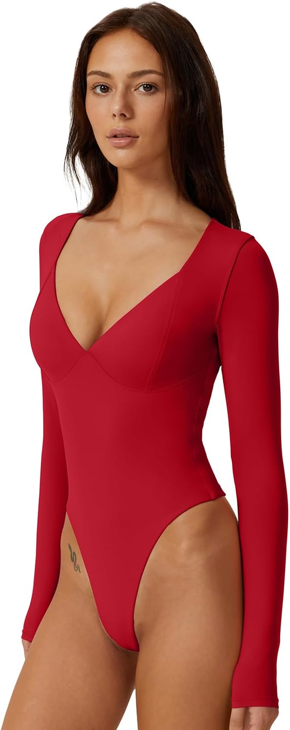 QINSEN Women's Long Sleeve Bodysuit V Neck Body Suits Seamed Cup Going Out Tops Shirt - Image 2