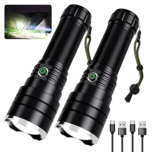 Sigoobal Flashlights High Lumens Rechargeable, 100000 Lumen Super Bright Led Flashlight, 12 Hours Runtime with 4 Modes, Waterproof Flash Light High Powered for Emergencies, Camping(2 Pack)