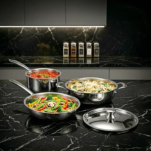 Image of AGARO Regency Triply Cookware Set of 3, 24 cm Kadai (2.7L), 24 cm Fry Pan (2.2L) & 16 cm Saucepan (1.5L), Induction & Gas Compatible, Even Heating, Non-Toxic, Dishwasher Safe cookware for Kitchen