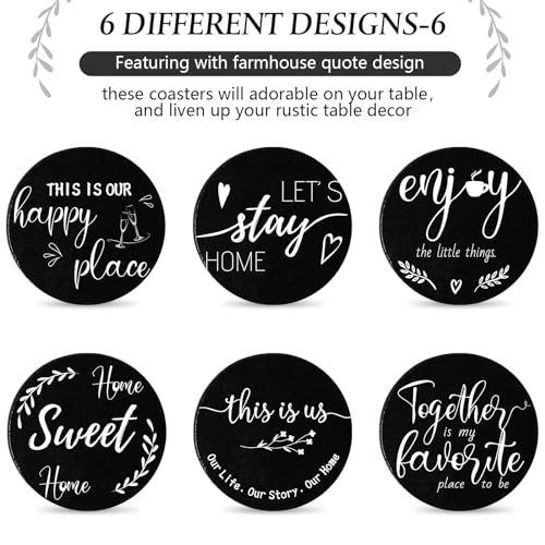 Queekay Coasters Set of 6 House Warming Gifts New Home Wooden Farmhouse Drink Coasters with Holder 4'' Funny Decoration for Kitchen Family Coffee Bar Tabletop Protection(Black) - Image 4
