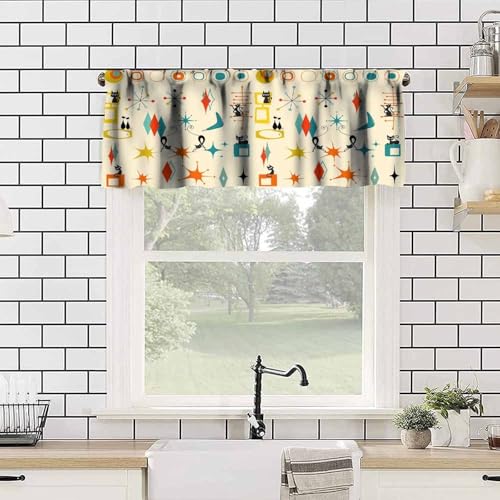 Image of Mid Century Cat Window Valance Curtain, Retro Atomic Starburst Vintage Stars 50 60s Abstract Geometric Space Window Treatment Valances for Home Kitchen Cafe Decor 54'x18', 1 Panel