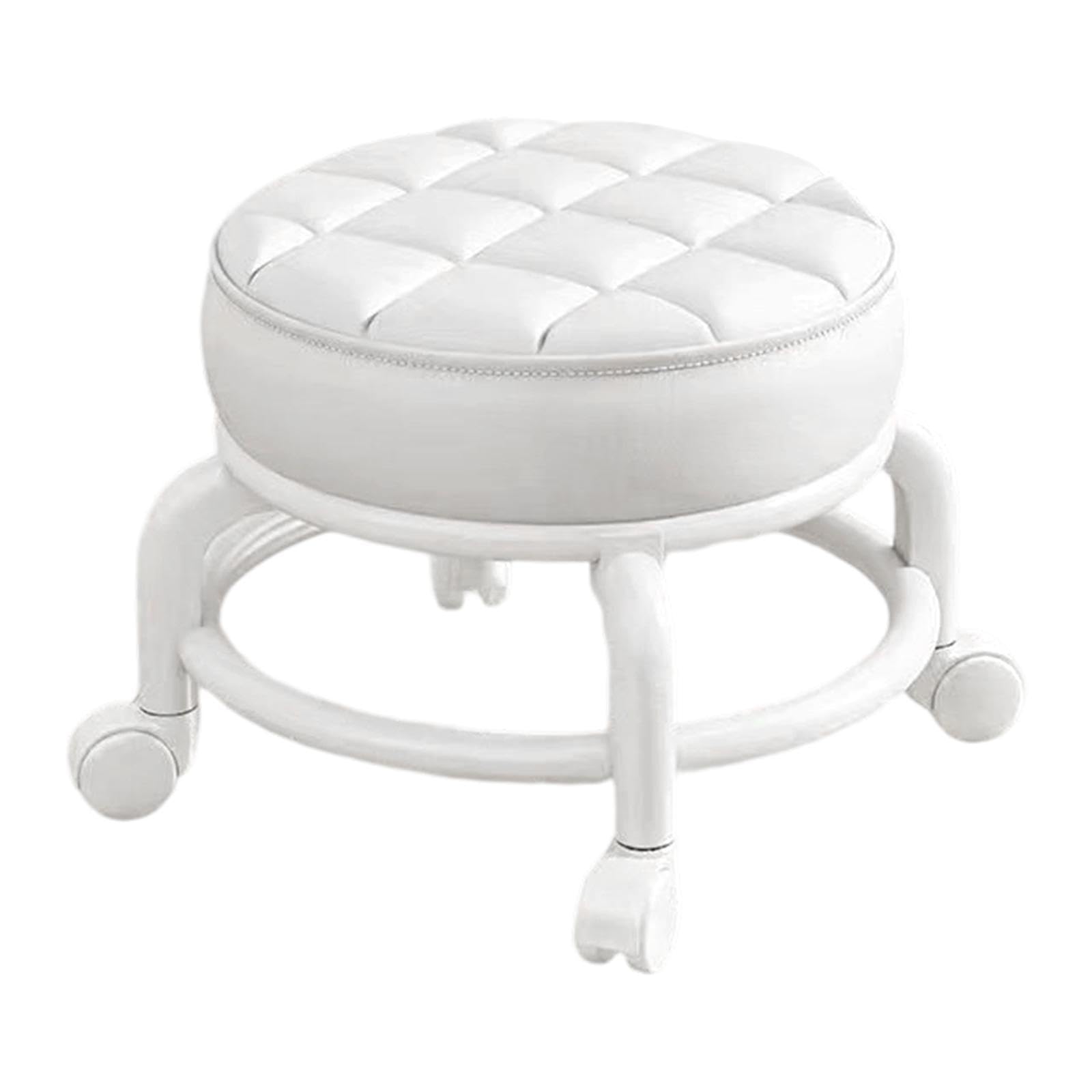 Chaise Pivotante Tabouret à Roulettes, Tabouret à 360° avec Roulettes, Petit Tabouret Bas Cuir Sur Roulettes, Pédicure Bouchettes Pivotantes Universelles pour Salon Massage, Coiffure, Spa, Blanc