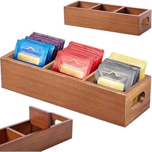 Image of Wooden Tea Bag Organizers, Tea packet Storage Boxes, Tea Caddy for Tea Bags Chest, Teabag Holder Containers, Teabox Station Display, Organizador De Tes Caja Para Te, 3 Compartments (Wood)