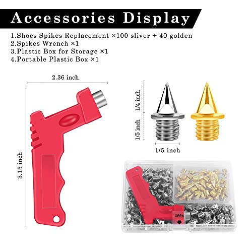 UUMENHA 140pcs 1/4 Inch Track Spikes with a Spike Wrench,Hard Steel Replacement Spikes for Track Shoes, Pyramid Spikes for Sprint Sports, Running and Cross Country,100 Sliver and 40 Golden - Thumbnail 2