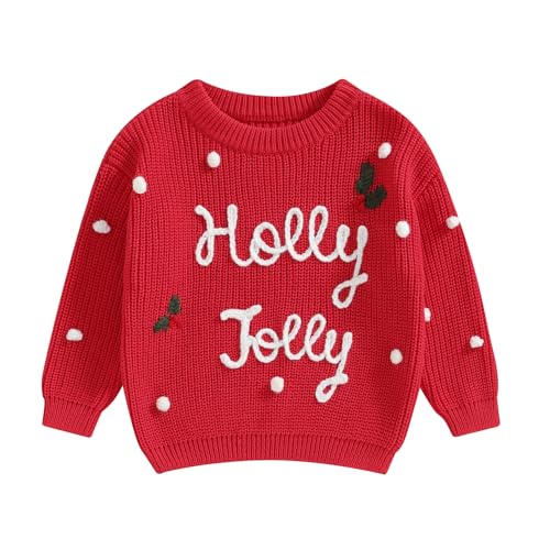 0-3T Baby Girl Christmas Outfits Holly Jolly Sweatshirt Toddler Girl Red Long Sleeve Knit Sweater Top (Red, 2-3 Years)