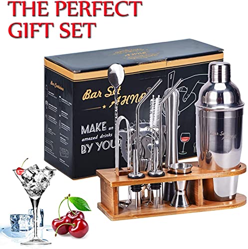 AHNR 14-Piece Cocktail Shaker Set Bartender Kit with Stand, Bar Kit Drink Mixer Set for Drink Mixing - Bar Tools: Martini Shaker, Jigger, Strainer, Mixer Spoon, Muddler, Tongs, More