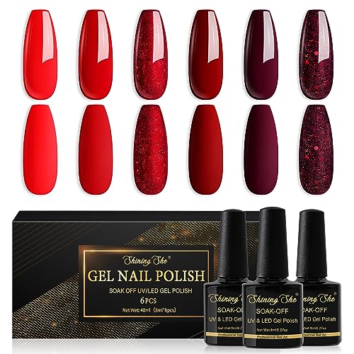 Shining She Esmaltes Semipermanentes Para Uñas en Gel UV LED,6 Colores Rojo Burdeos Rojo Oscuro Rojo Glitter Pintauñas Semipermanentes Apto Para Principiantes Manicura,8ML