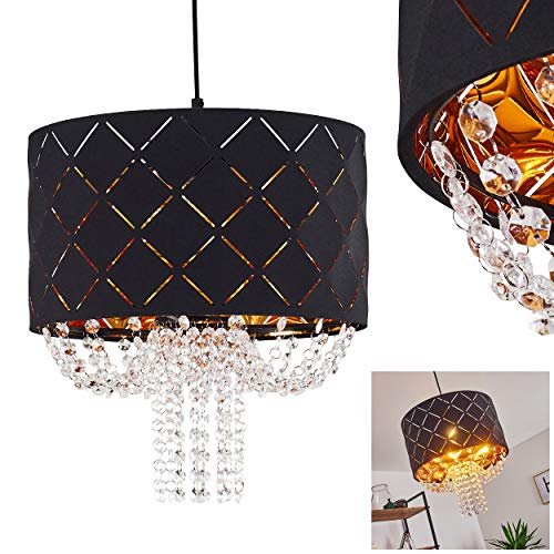 Suspension Meldal en velours noir et or, élégante lampe pendante à pampille en cristaux plastiques, idéale dans un salon rétro, hauteur max. 130 cm, Ø 35 cm, E27, ampoule(s) non incluse(s)