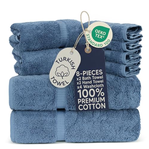 Towel Bazaar Premium Turkish Cotton Super Soft and Absorbent Towels (8-Piece Towel Set, Wedgewood)