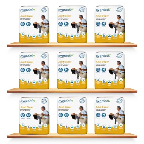 Image of Everactiv Adult Diaper Medium Size M Leakproof for Waist 28-45 inch with 10 hr Absorption Protection and Wetness Indicator, Unisex with Goodness of Aloe Vera, 90 Units, Pack of 9