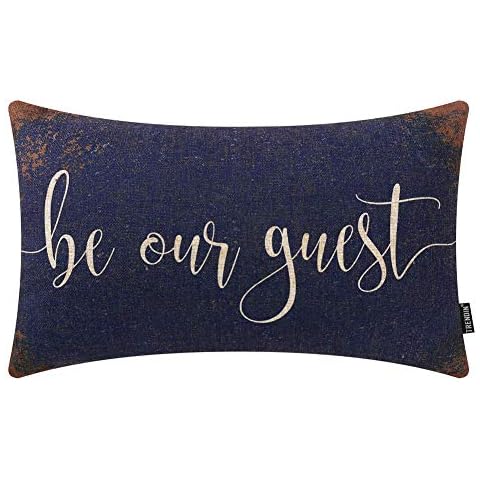 TRENDIN Farmhouse Pillow Cover 12x20 Inch Rusted Blue Be Our Guest Quote for Guest Room Decor Lumbar Pillowcase with Saying Housewarming Gift Cotton Linen PL503TR Cover