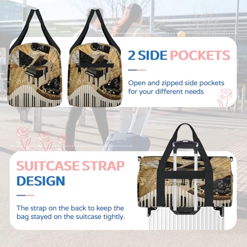 Treble Clef And Sheet Music Sports Duffle Bag for Women Men Waterproof Overnight Weekender Bag with Adjustable Strap Travel Tote Bags for Beach Yoga Work Dance Swim4