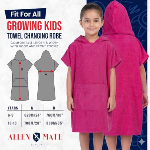 Image of ALLEN & MATE 100% Cotton Kids Hooded Surf Poncho Changing Robe, Quick Absorbent Wearable Swim Towel Boys & Girls, 6-13 Years
