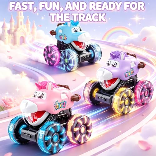 3 Pack Monster Truck Toys for Toddlers, Light Up Unicorn Toy Cars, Toy Trucks for Toddlers, Press and Go Toddler Toys with Flashing LED Wheels, Cars for Toddlers, Baby Toys for Boys Girls Gifts - Image 3