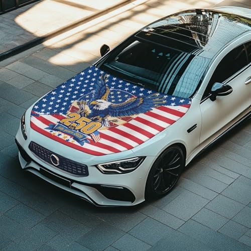 Image of Hood Cover Protector for Car, Stretchable Auto Hood Wrap Blankets, USA 250th Birthday and Bald Eagle Waterproof Automotive Accessories for SUV Sedans Trucks (59x39 inches)
