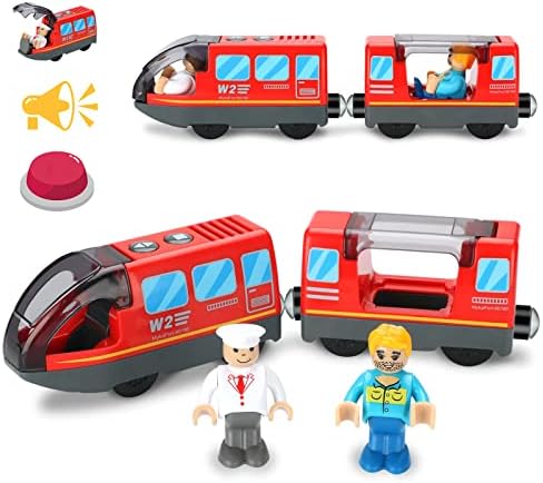 Battery Operated Train Set for Wooden Train Track (w/sound & Magnetic Connection), Powerful Engine Action Locomotive Train Set Fits Brio, Thomas, Chuggington Wooden Tracks, Train Toys for Toddlers 3Y+